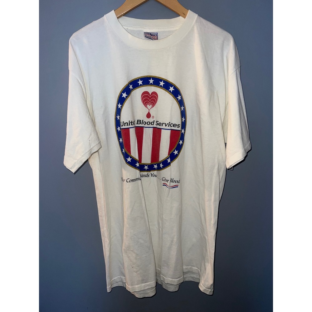 Vintage All Sport United Blood Services Graphic T-Shirt XL White Patriotic 90s